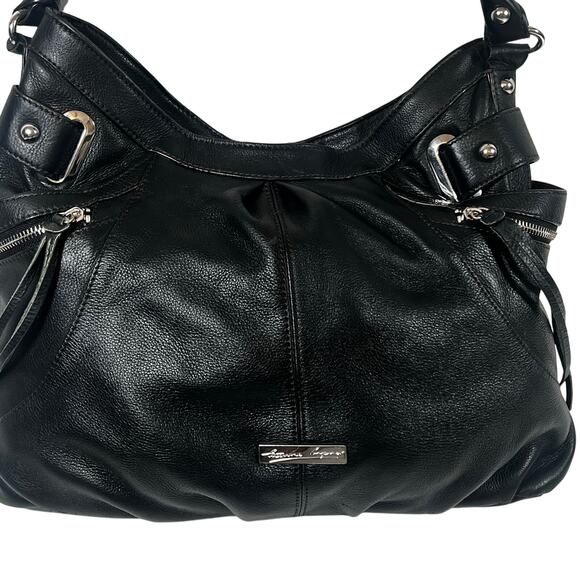 Etienne Aigner Black Leather Large Hobo Satchel Handbag Keychain Metal Zippered - Picture 1 of 16